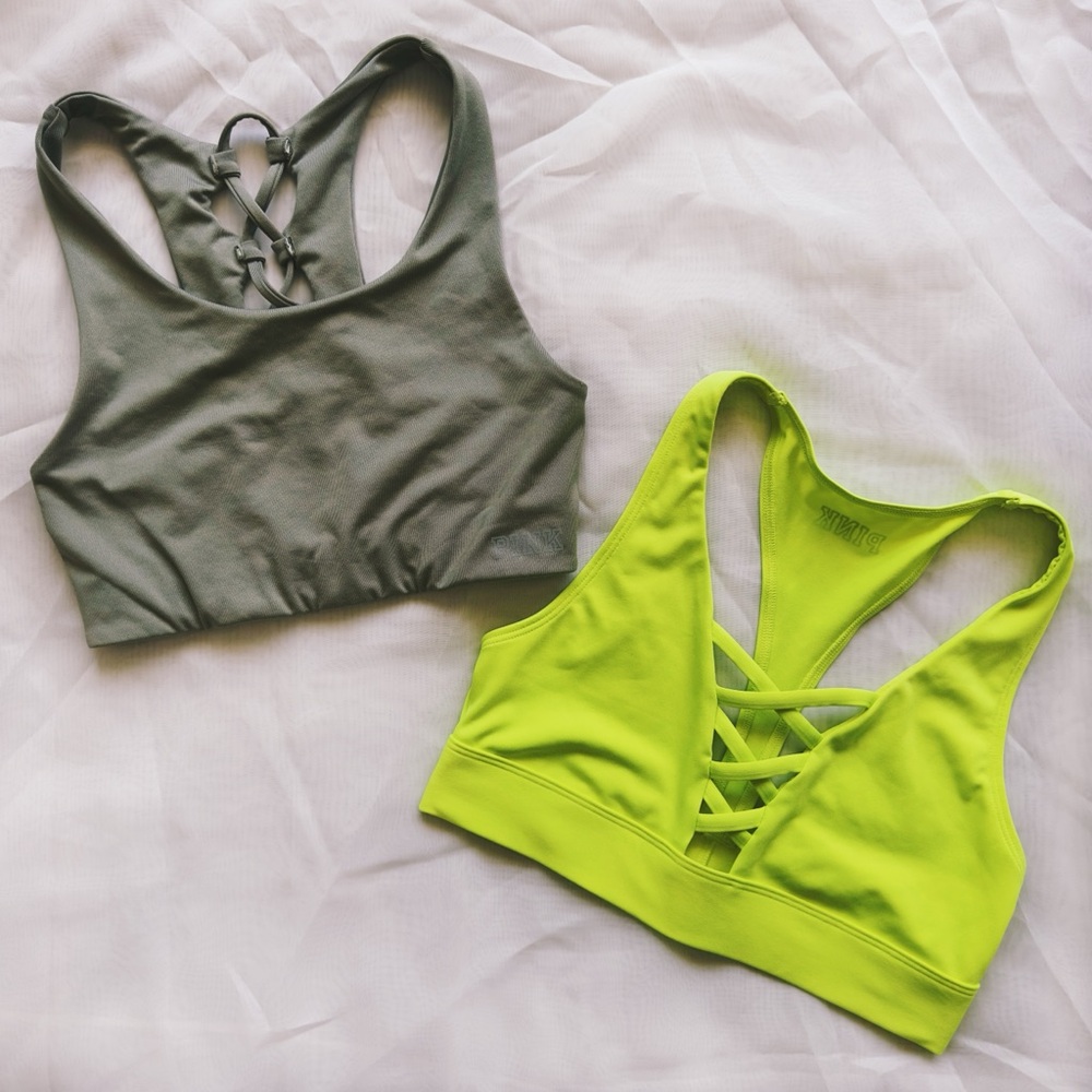 PINK Victoria's Secret | 2 sports bras in olive green & neon green size small